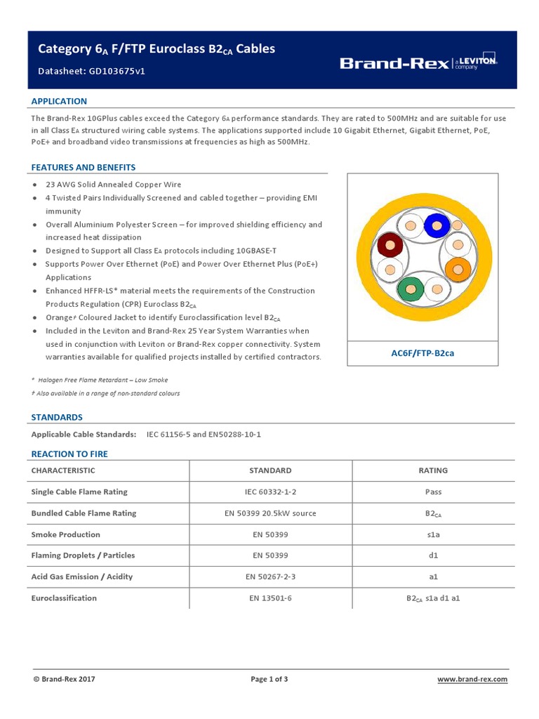 Brand-Rex Cat6A F/FTP Cable Datasheet | PDF | Electrical Resistance And ...
