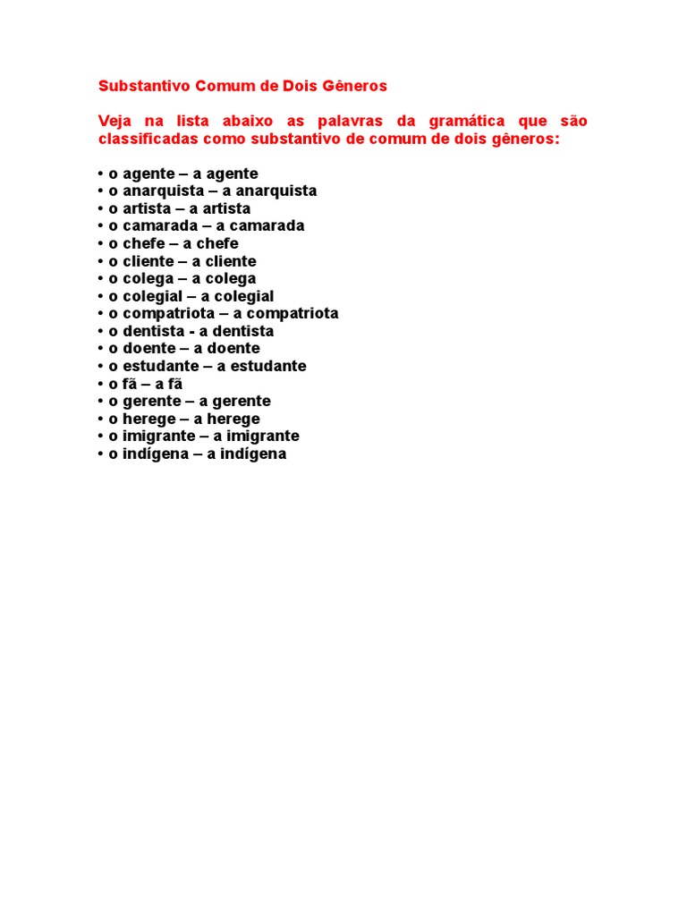Exemplos de Substantivos Comuns de Dois Gêneros | PDF | Ciências ...