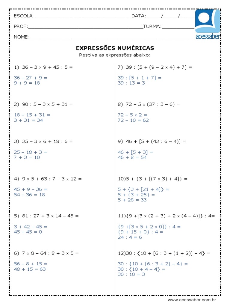 Atividade de Matematica Expressoes Numericas 5 Ano e 6 Ano | PDF