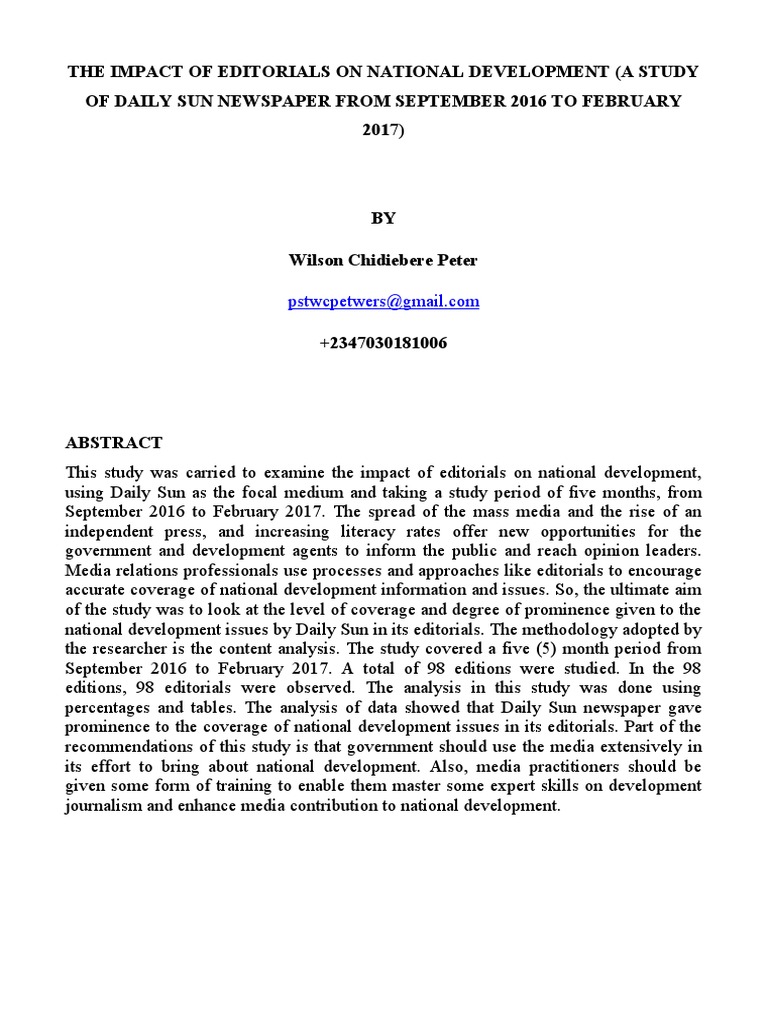 The Impact of Editorials On National Development (A Study of Daily Sun