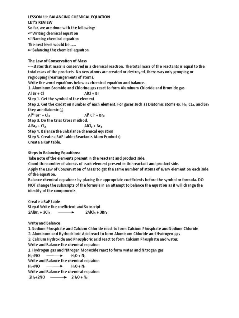 Lesson 11 Balancing Chemical Equation | PDF