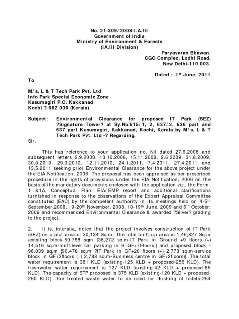 Environmental Clearance for IT Park | PDF | Environmental Impact ...