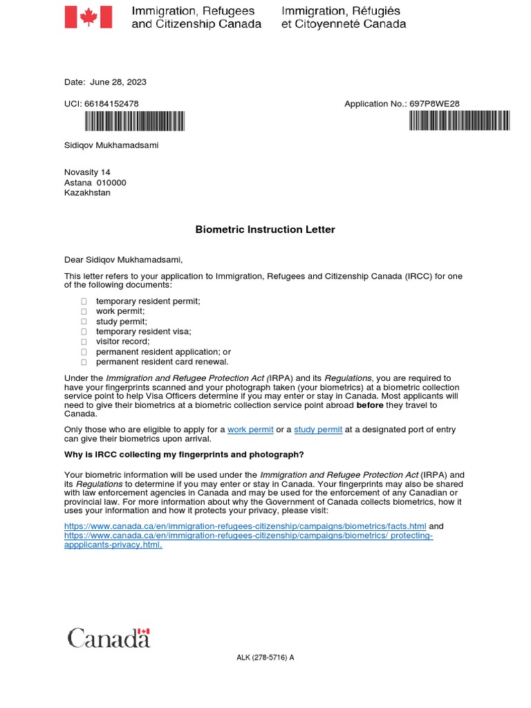 Biometric Instruction Letter for Canada | PDF | Immigration