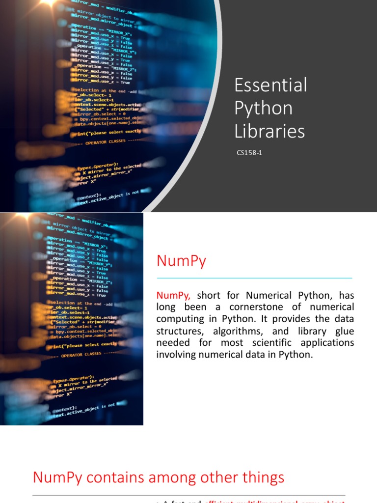 Essential Python Libraries | PDF | Matrix (Mathematics) | Computing