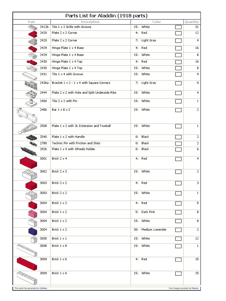 Parts List For Aladdin | PDF | Manufactured Goods | Motor Vehicle