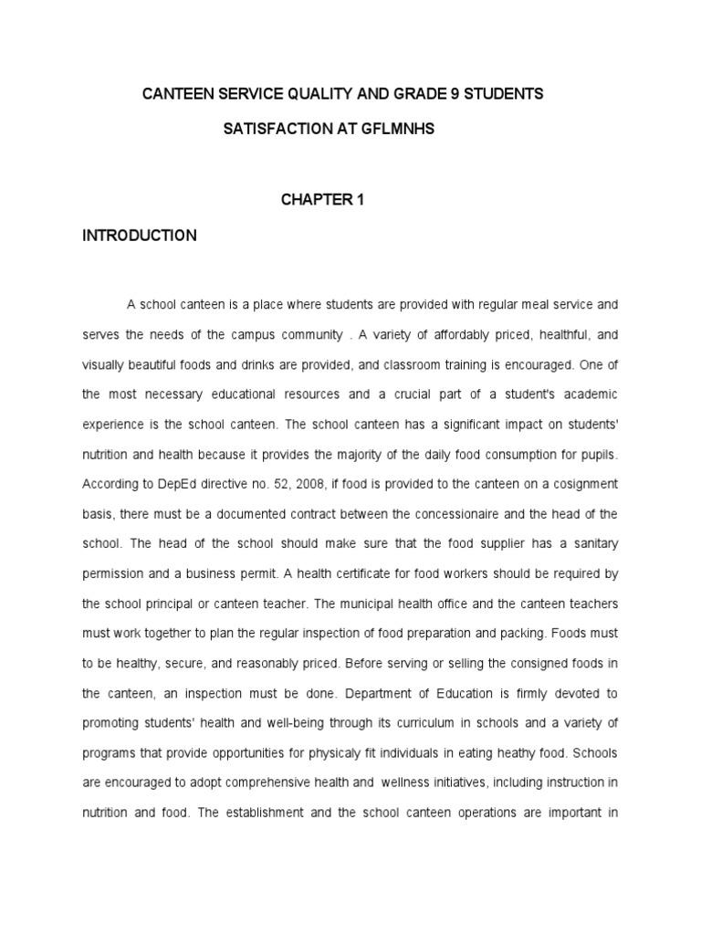 Canteen Service Quality and Grade 9 Students Satisfaction at Gflmnhs PDF Customer