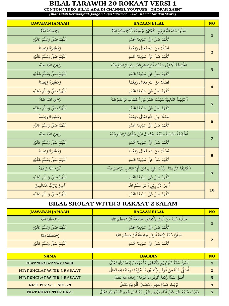 Bilal Tarawih 20 Rakaat Versi 1 | PDF