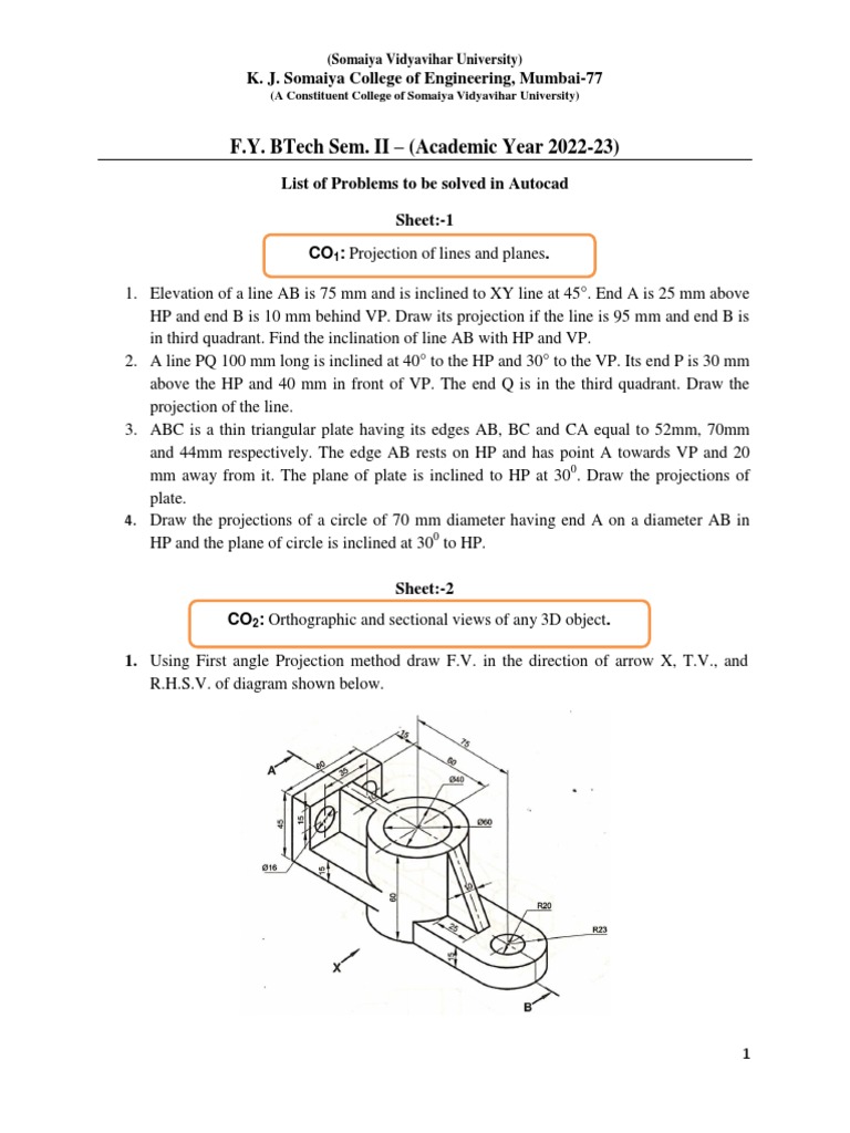 AutoCAD Projection Problems for BTech | PDF | Geometry | Euclidean Geometry