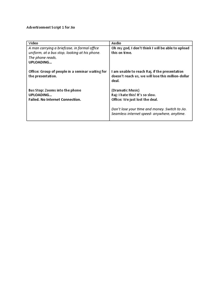 Advertisement Script 1 For Jio | PDF