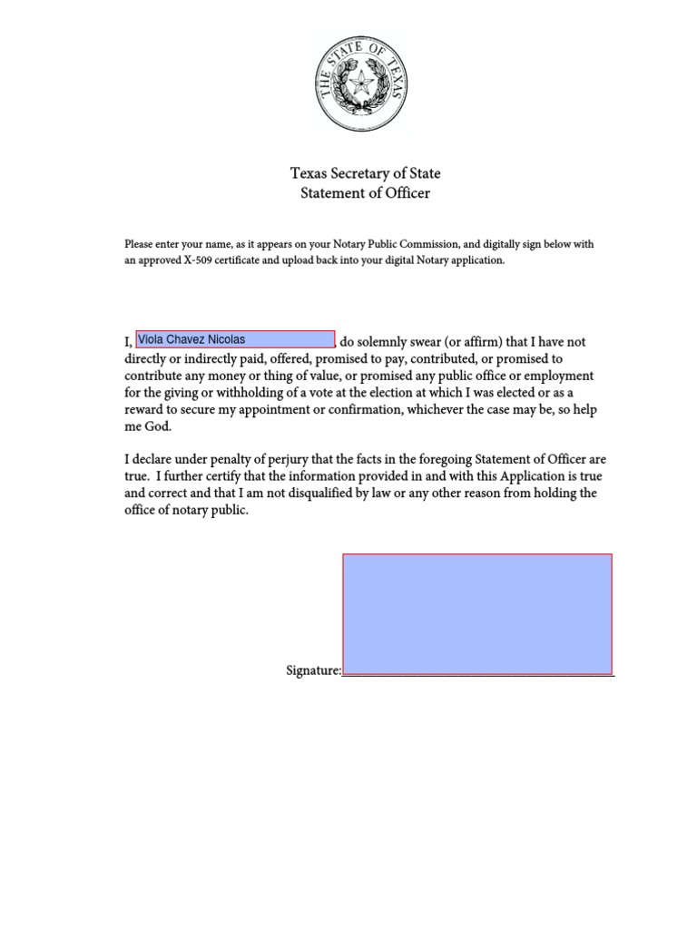 Texas Notary Public Statement of Officer | PDF | Law