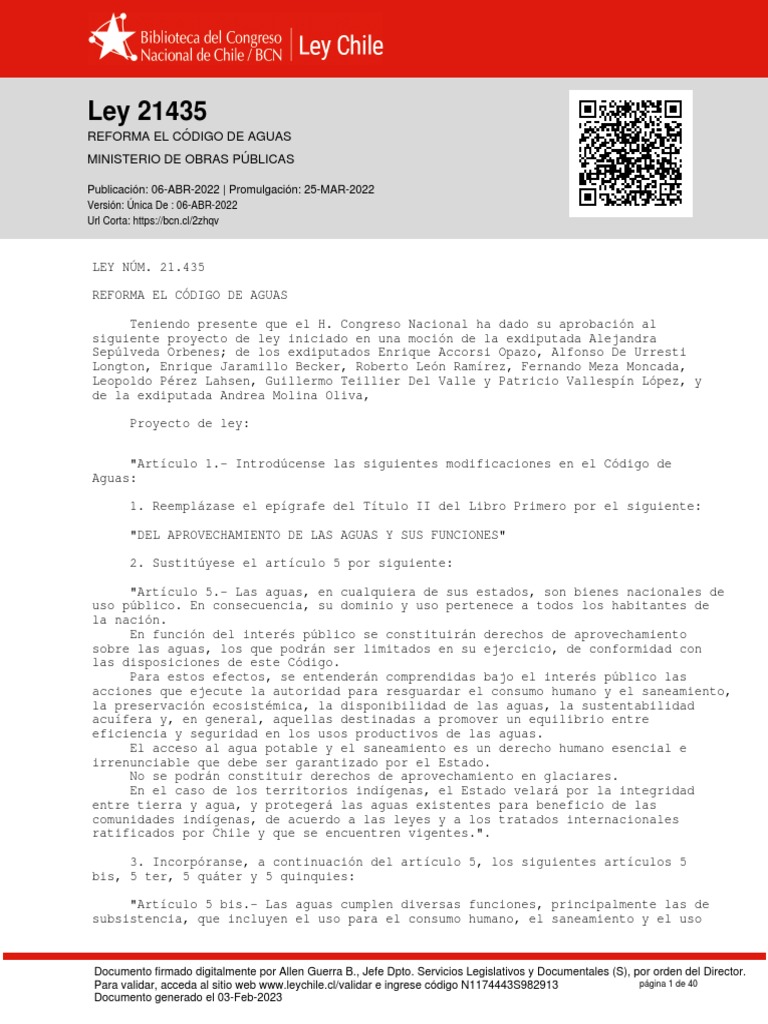Ley 21435 Reforma El Codigo de Aguas | PDF | Agua subterránea | Agua
