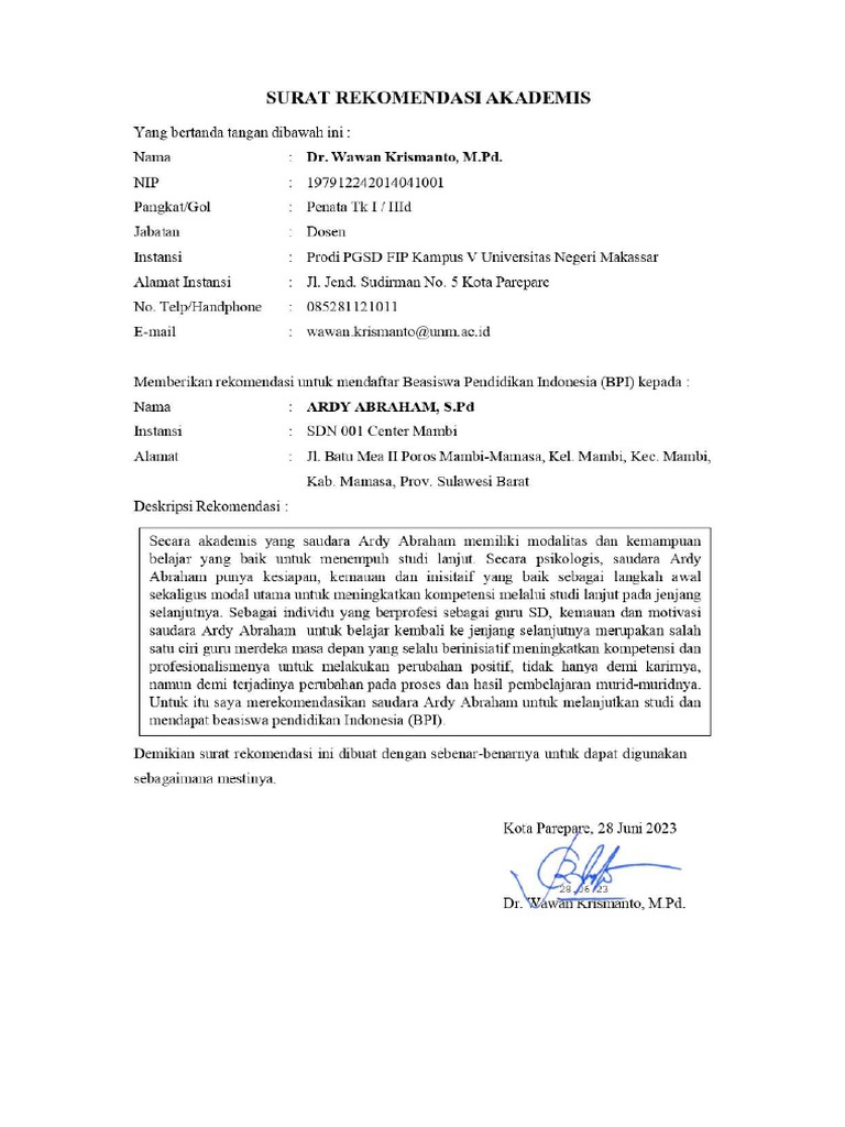 Surat Rekomendasi Akademisi Ardy Abraham Acc | PDF