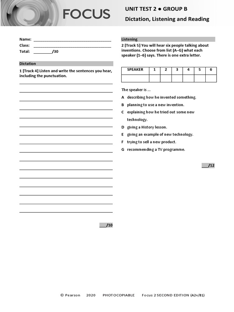 Focus2 2E Unit Test Dictation Listening Reading Unit2 GroupB | PDF ...