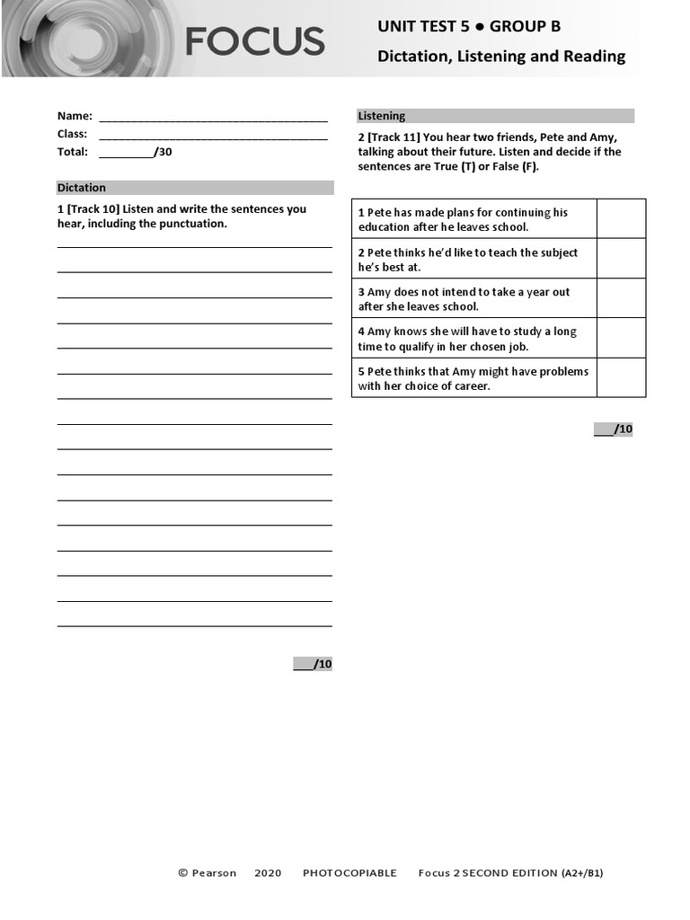 Focus 2 Unit Test 5: Group B Answers | PDF | Classroom | Cognition