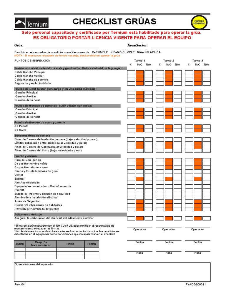 Checklist de Inspección de Grúas | PDF | Equipo | Máquinas