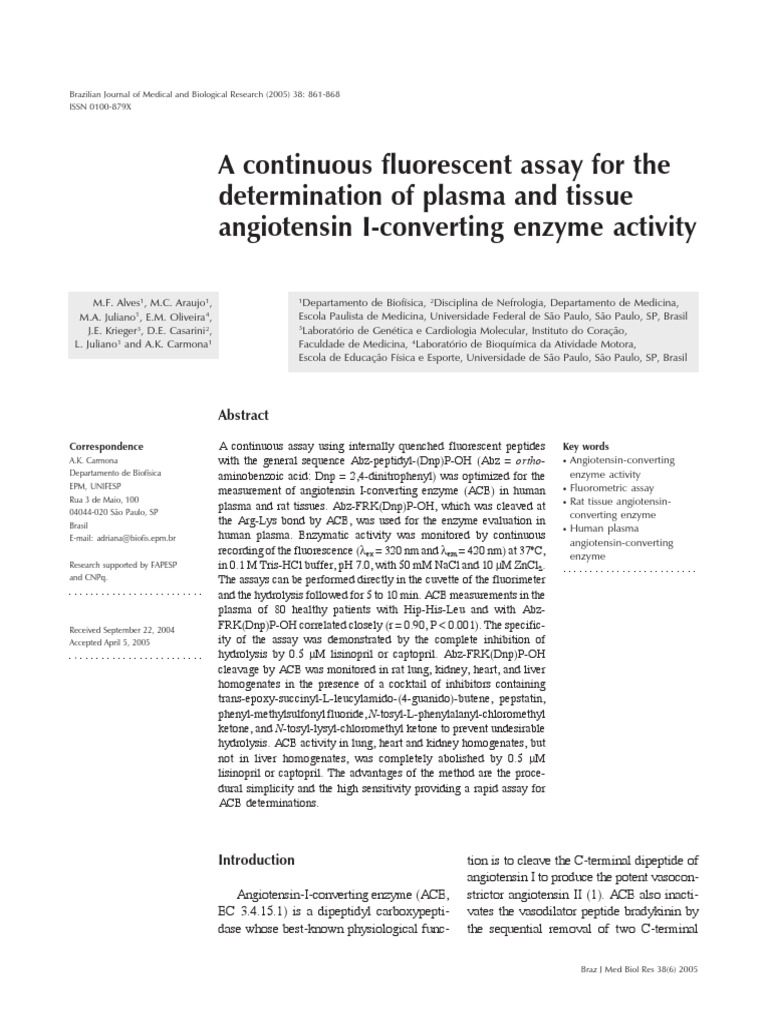 A Continuous Fluorescent Assay For The Determination of Plasma and Tissue Angiotensin I