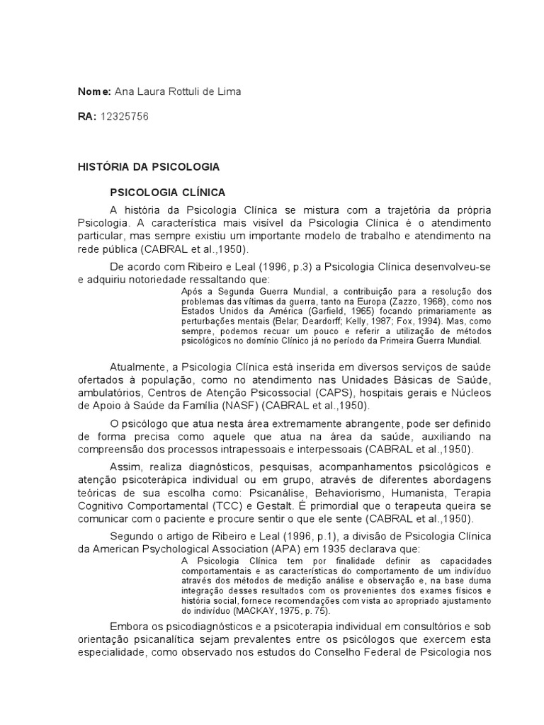 História da Psicologia Clínica | PDF | Psicologia | Sociologia