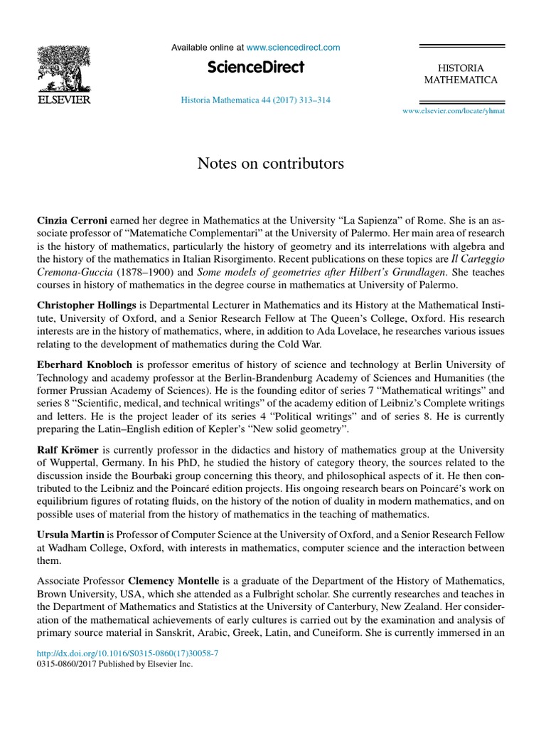 Notes On Contributors 2017 Historia Mathematica PDF Mathematics