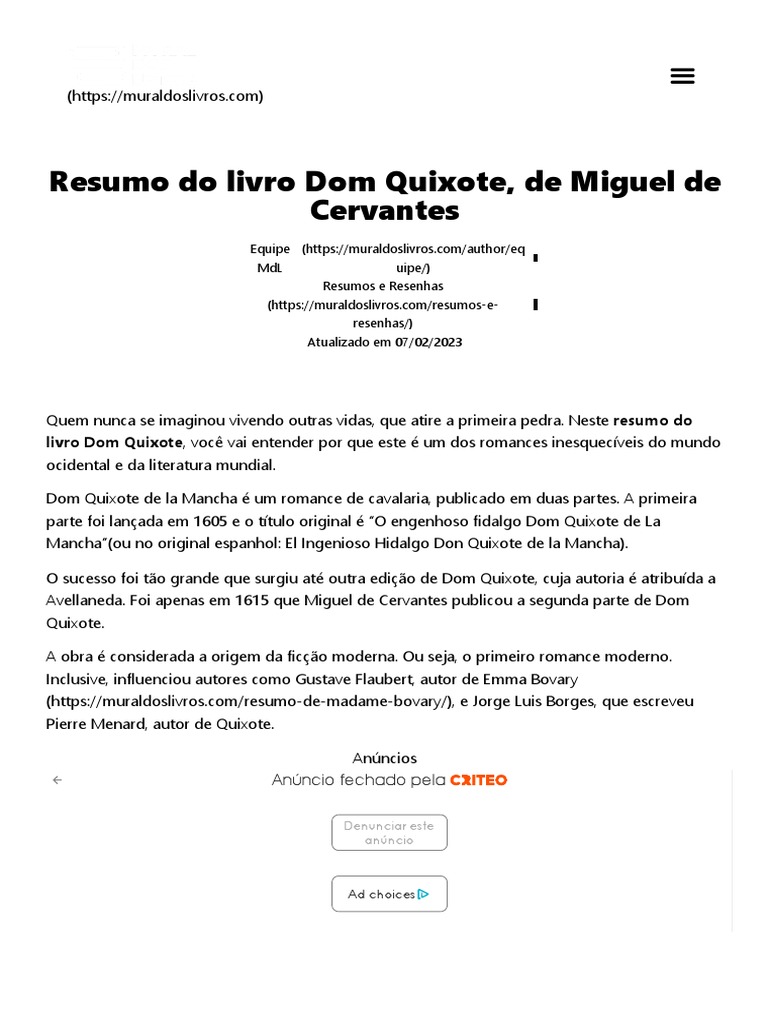 Resumo Do Livro Dom Quixote - Análise Completa Da Obra | PDF | Dom ...