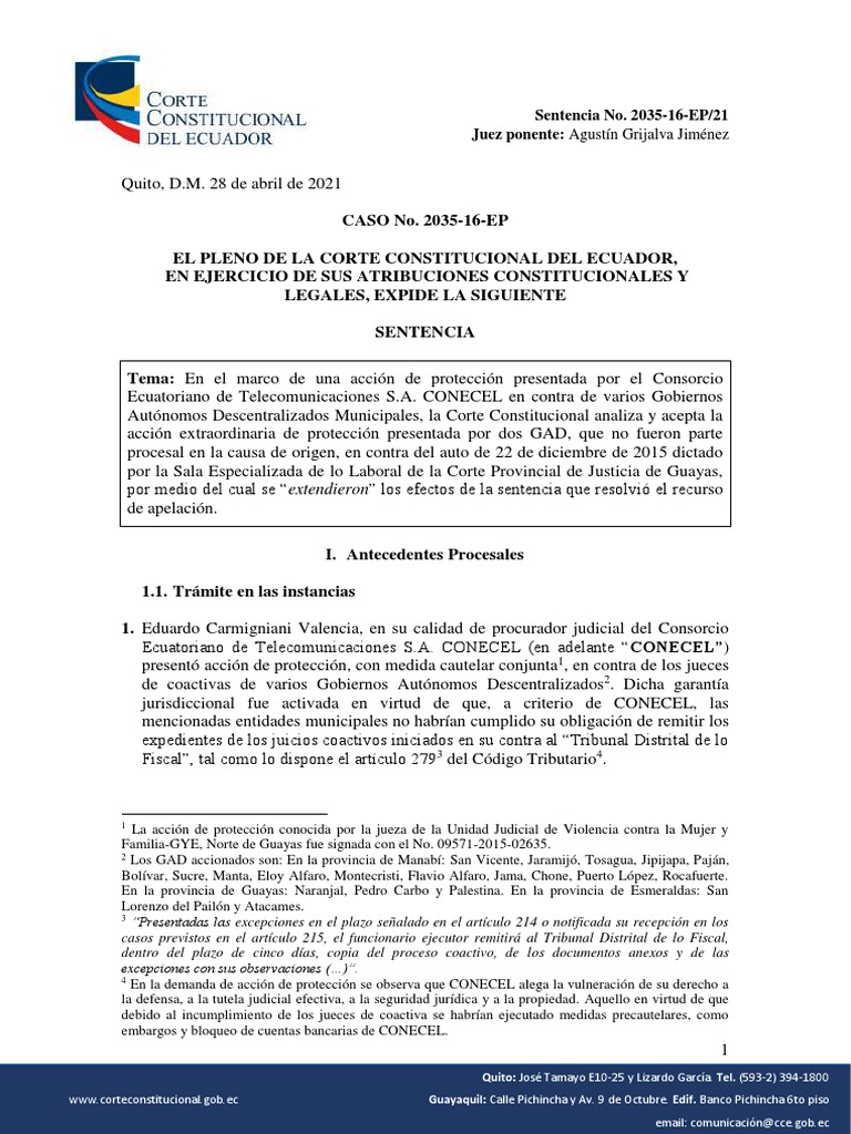 Sentencia sobre acción de protección de CONECEL | PDF | Sentencia (ley ...