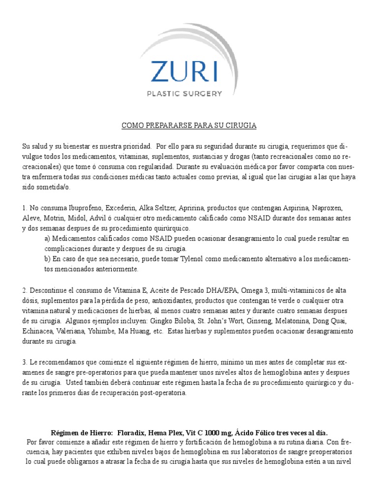 Pre Operative Instructions Spanish | PDF | Nicotina | Cirugía