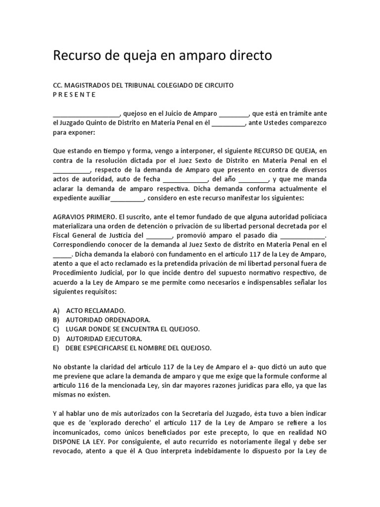 Recurso de Queja en Amparo Directo | PDF | Derecho penal | Demanda judicial