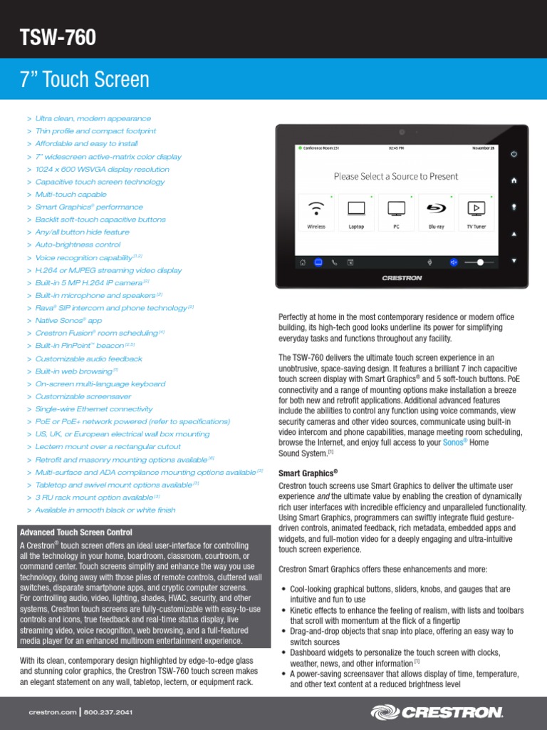 Écran Tactile Mural Crestron TSW-760-B-S Avec Kit De Fixation Sur Table - Occasion