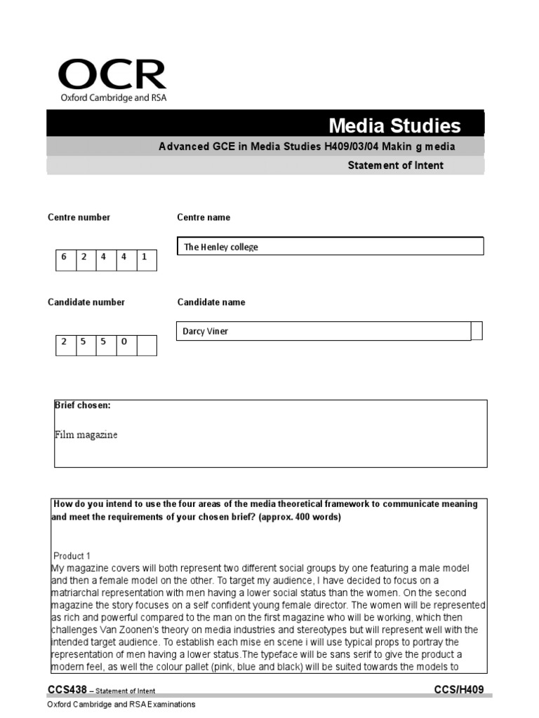 A Level Media Studies Statement-Of-Intent Form | PDF | Websites | Human ...