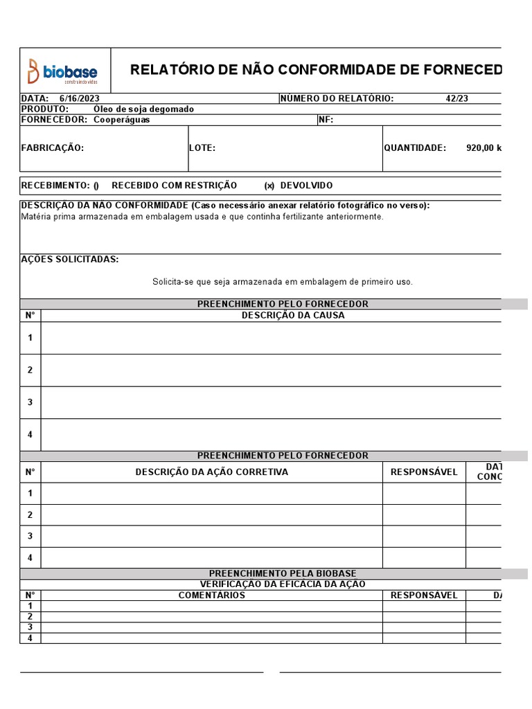 FORM 093 - Relatório de NC de Forn - Óleo de Soja Degomado | PDF