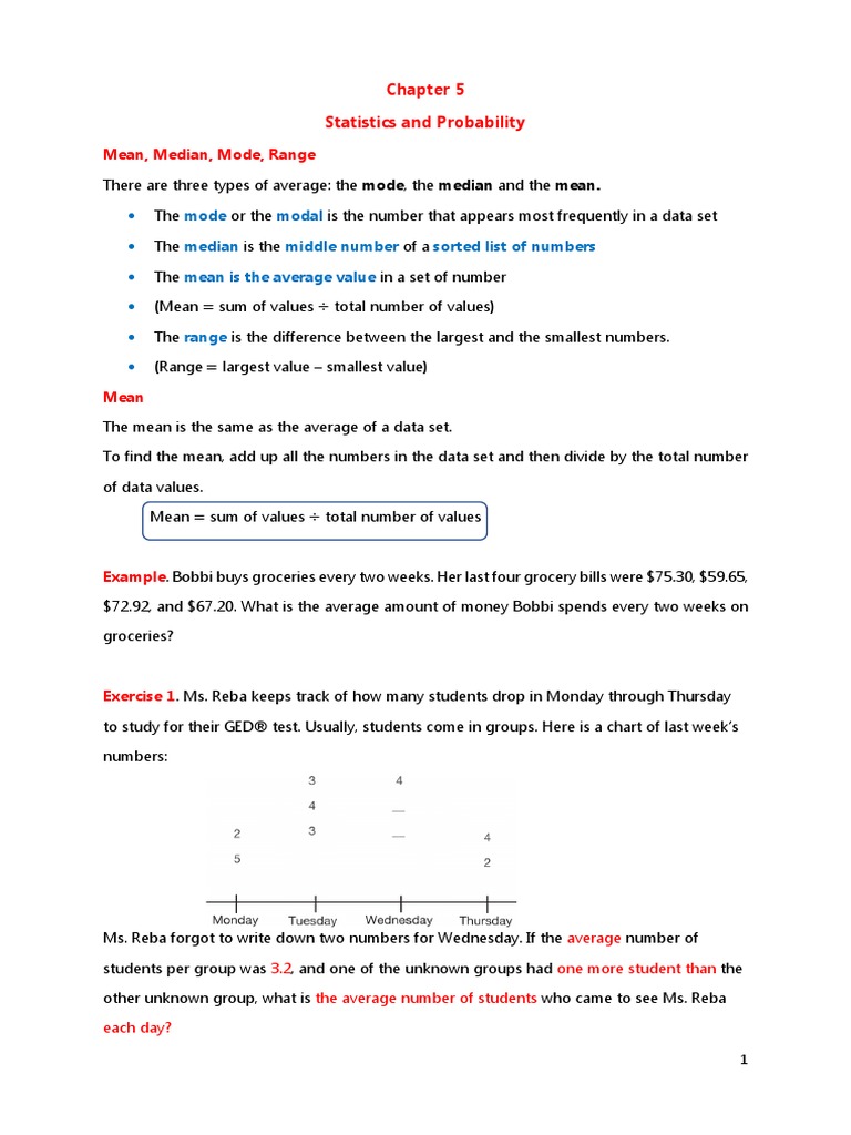 Chapter 5 Statistics, Probability & Counting Methods Q PDF Mean