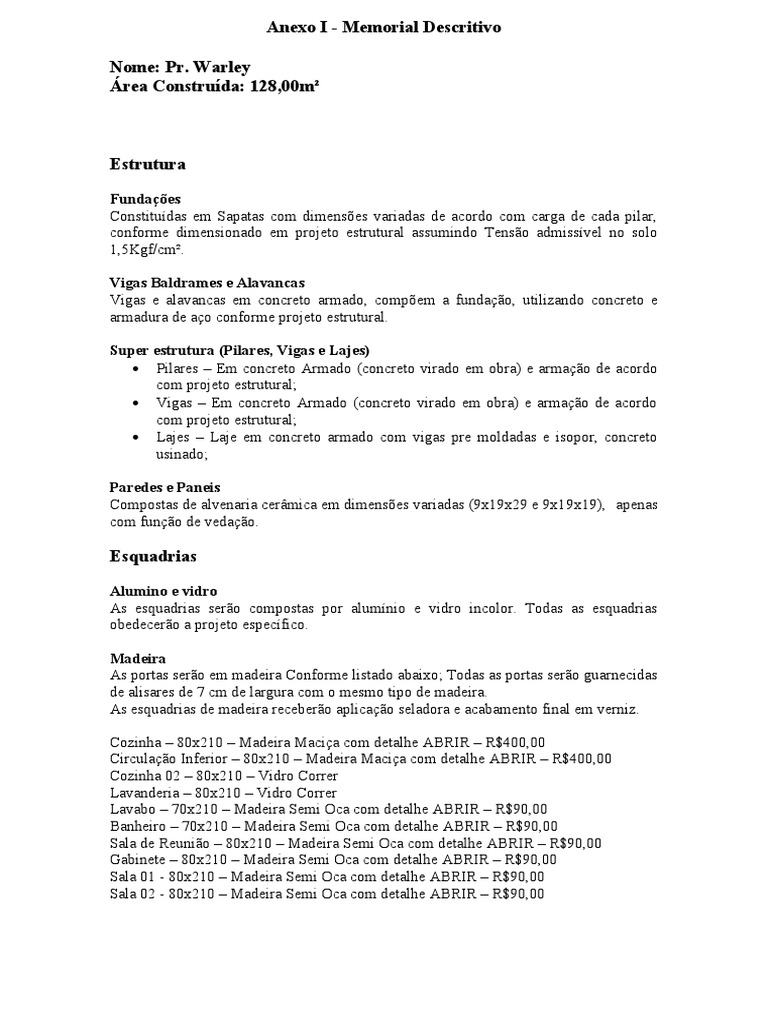 Memorial Descritivo da Construção Pr. Warley | PDF | Viga | Argamassa ...