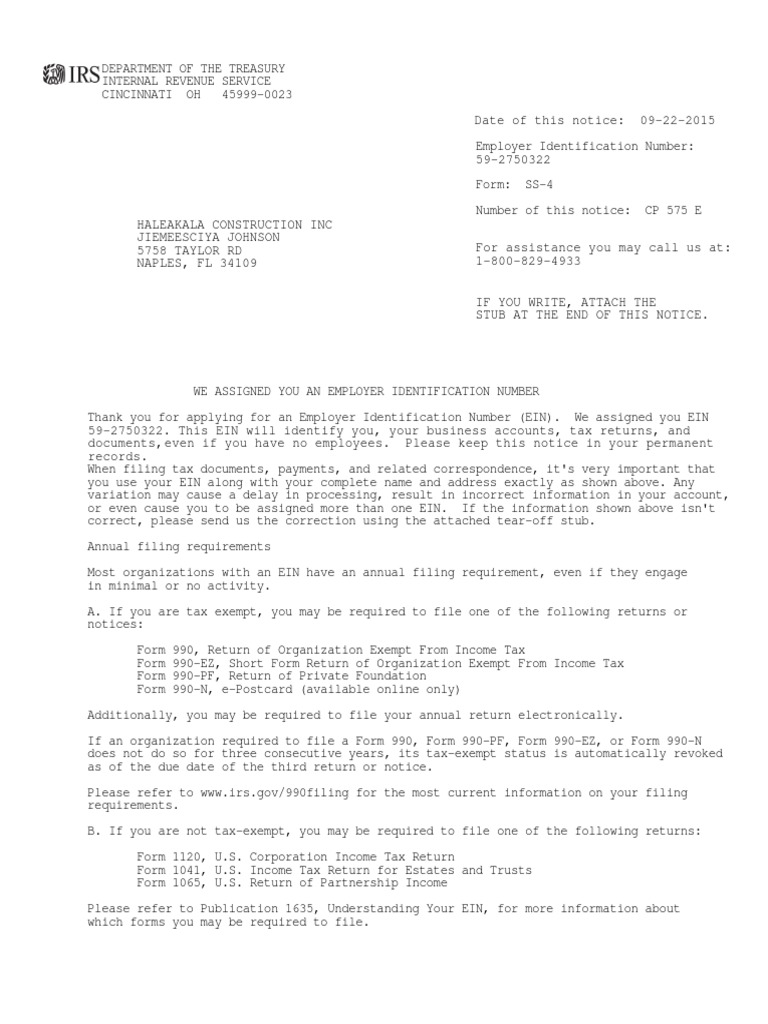 EIN Confirmation for Haleakala Construction | PDF | Irs Tax Forms ...