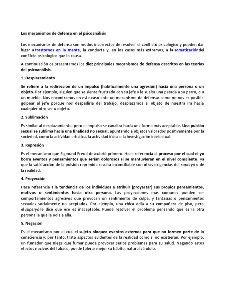 Mecanismos de defensa en psicoanálisis | PDF | Psicoanálisis | Pensamiento