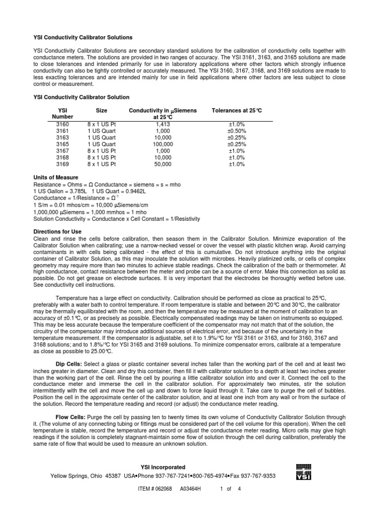 YSI Conductivity Calibration Solutions | PDF | Calibration | Electrical ...