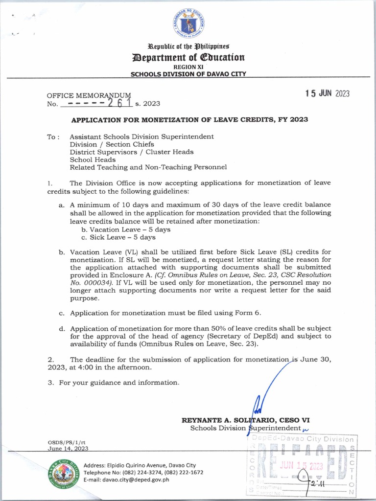 2023-OFFICE MEMORANDUM No. 261 - APPLICATION FOR MONETIZATION OF LEAVE ...