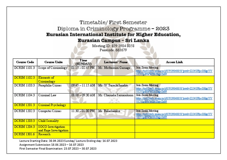 Criminology Diploma Timetable 2023 | PDF
