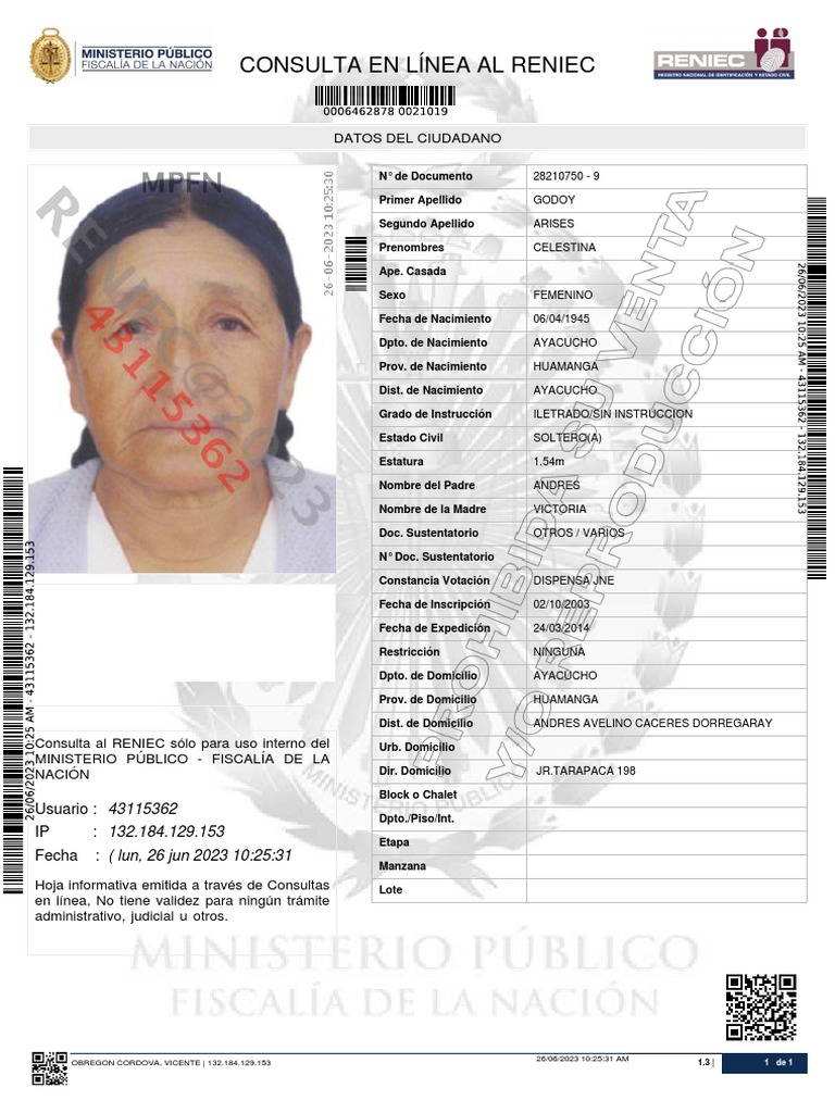Consulta de Ficha RENIEC Ciudadano | PDF