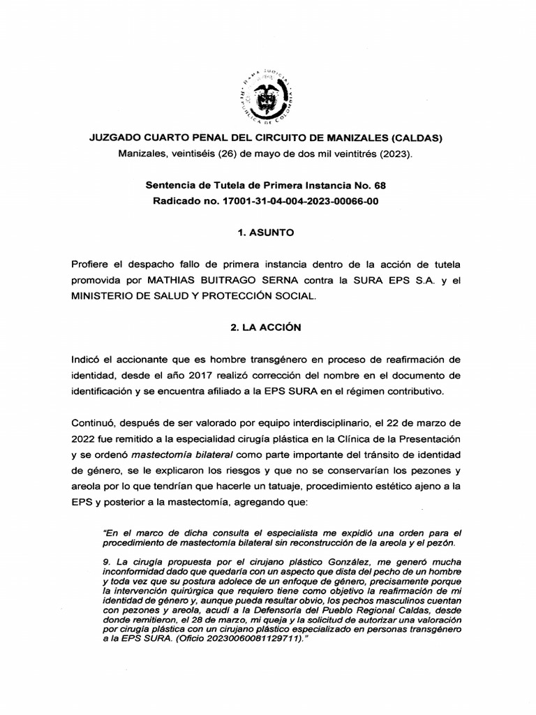 Sentencia No. 68 - 2023-00066 Salud Trans | PDF