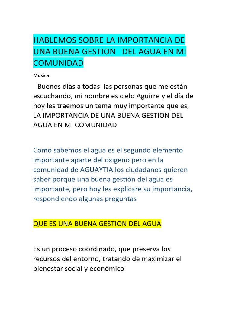 Hablemos Sobre La Importancia de Una Buena Gestion Del Agua en Mi ...