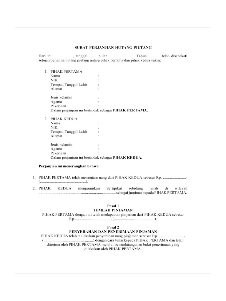 Contoh Surat Hutang Piutang Pdf