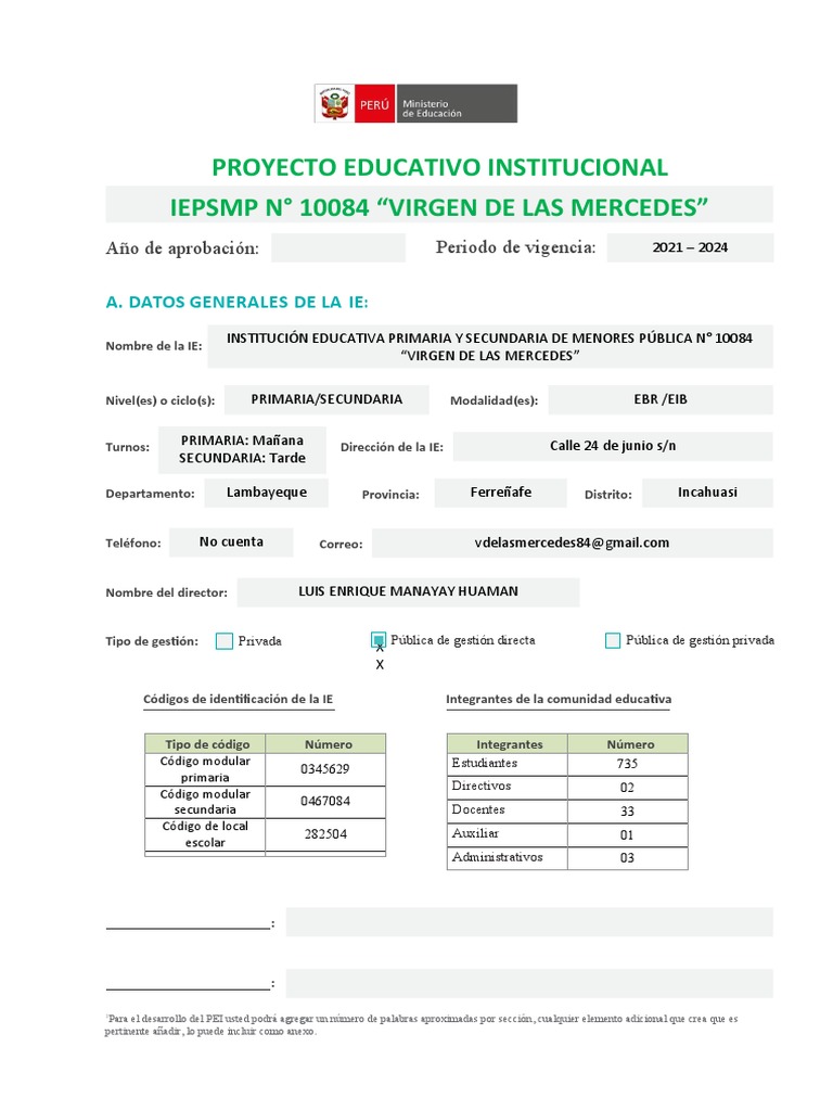Proyecto Educativo Institucional 10084 | PDF | Enseñando | Aprendizaje