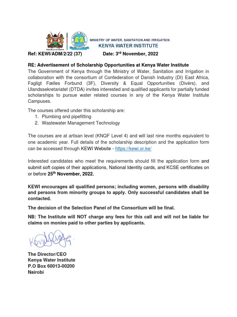 Scholarship Opportunities at Kenya Water Institute PDF Kenya