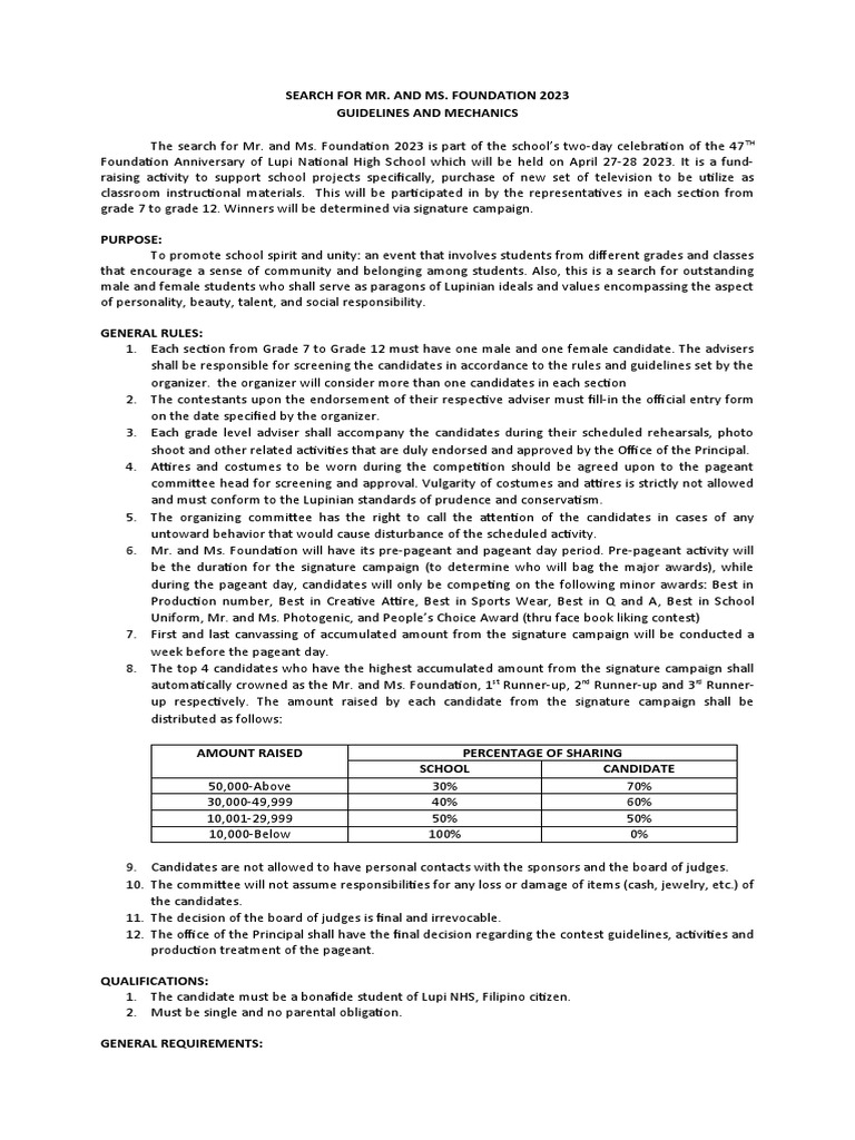 Mr. and Ms. Foundation 2023 Guidelines | PDF