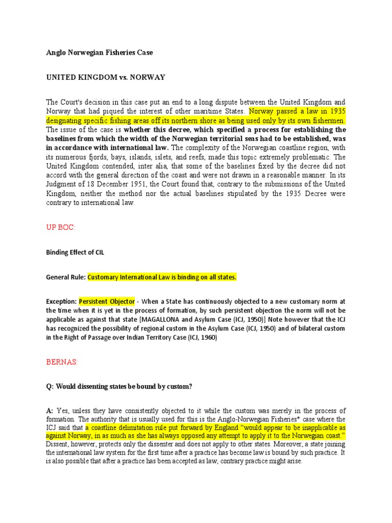 Anglo Norwegian Fisheries Case Pdf International Law Judgment Law