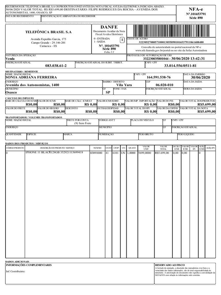 Nota Fiscal Eletrônica Telefônica Brasil S.A. | PDF | Recibo ...