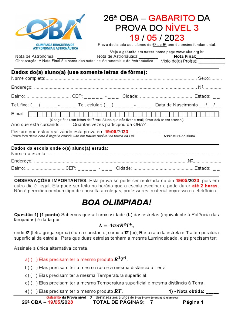 Gabarito Prova OBA Nível 3 - 2023 | PDF | Planetas | Estrelas