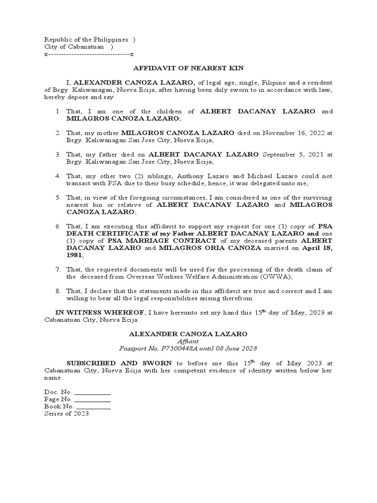Affidavit of Nearest Kin YSNGUAS | PDF