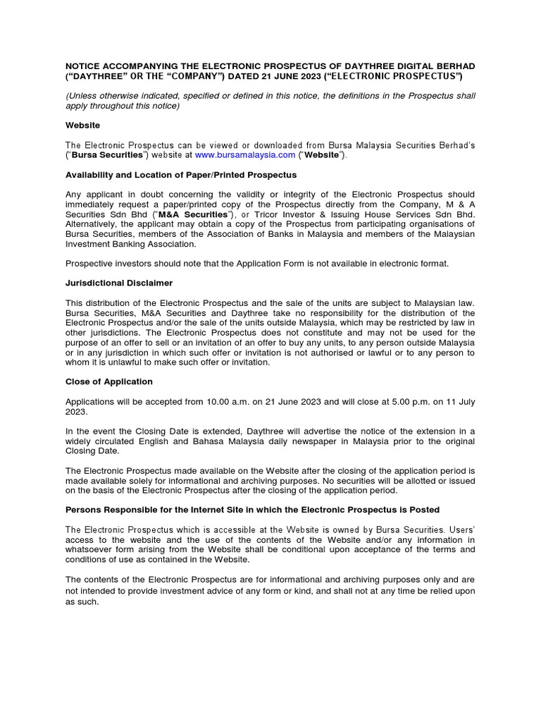 Daythree Digital Berhad Prospectus Part 1 Pdf Securities