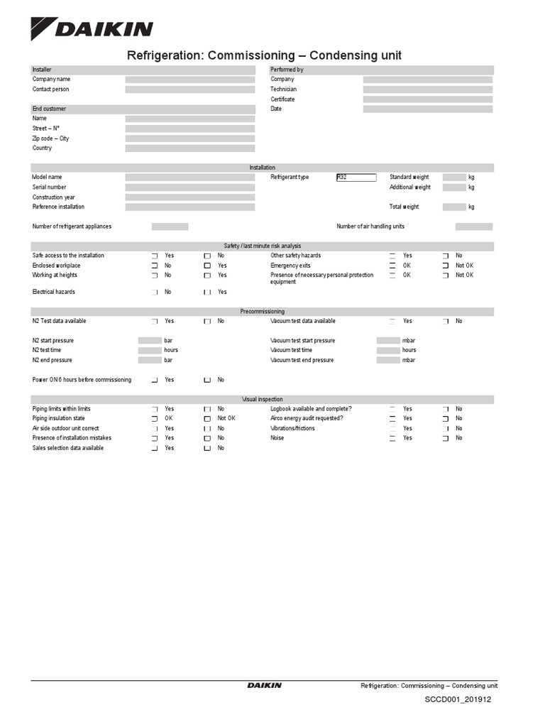 Commissioning Checklist Condensing Unit | PDF | Equipment ...
