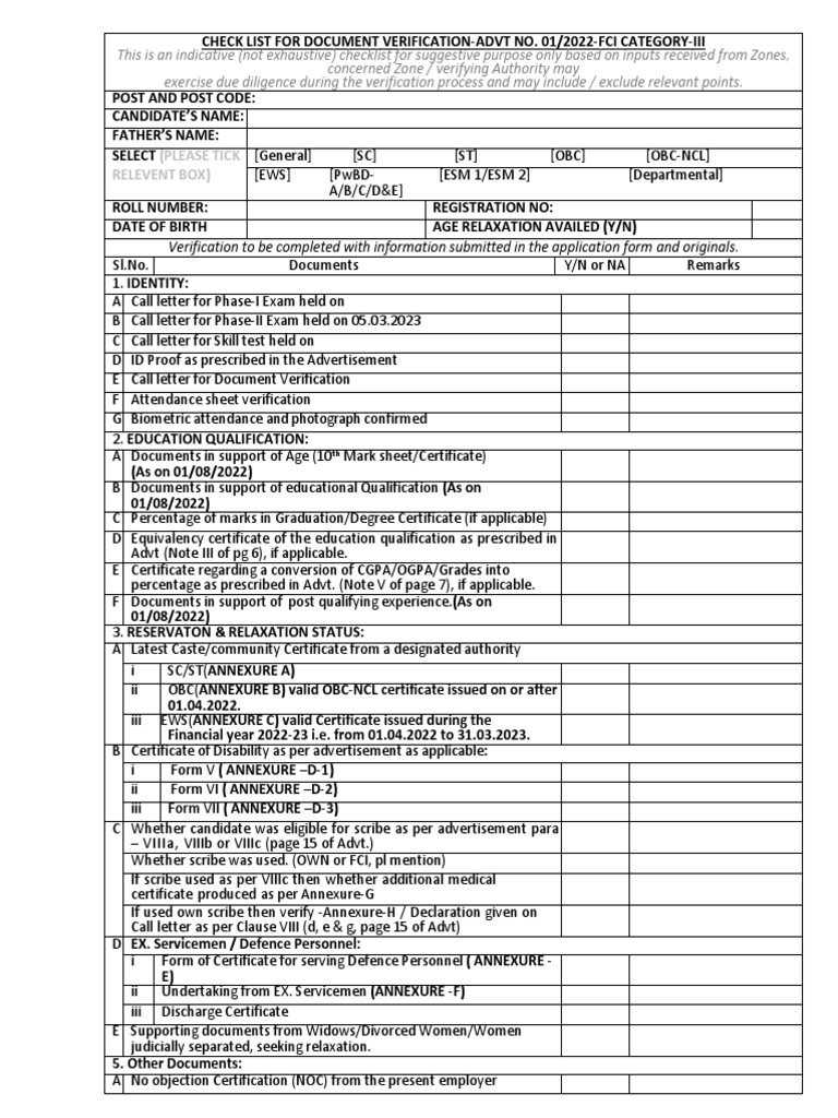 Checklist For DV (CatIII) PDF Government